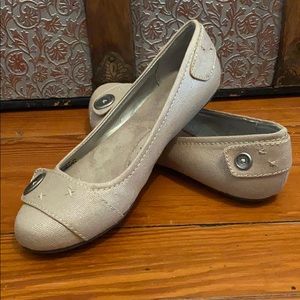 Tan fabric flats with cute details